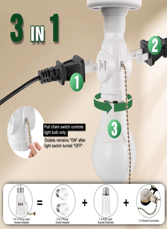 EMNOOTI 2-Pack E26 Light Socket Adapter - Converts Medium Screw Socket to Two Outlets With Pull Chain Switch - UL Listed, White - Image 3